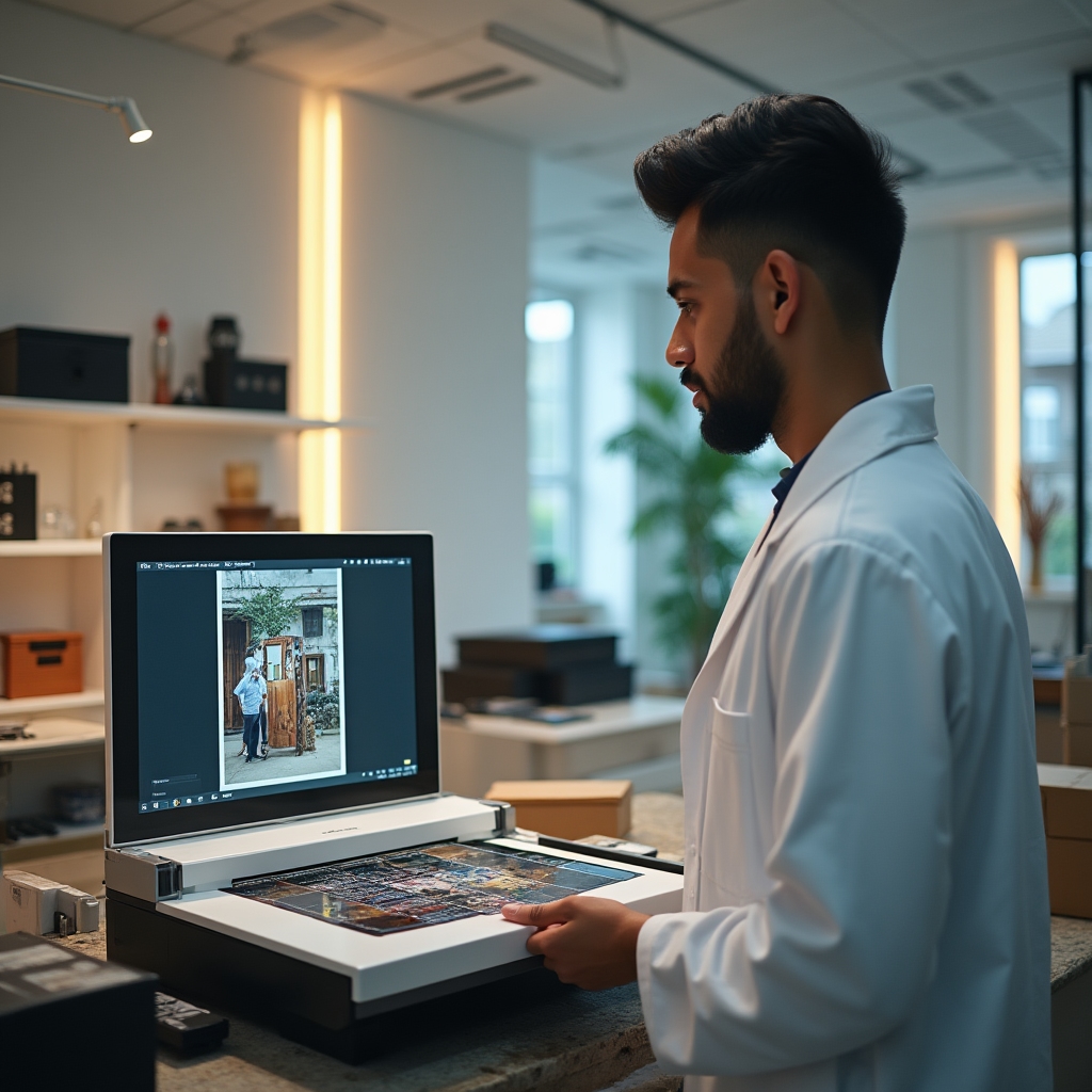 Processo di scansione professionale in laboratorio fotografico